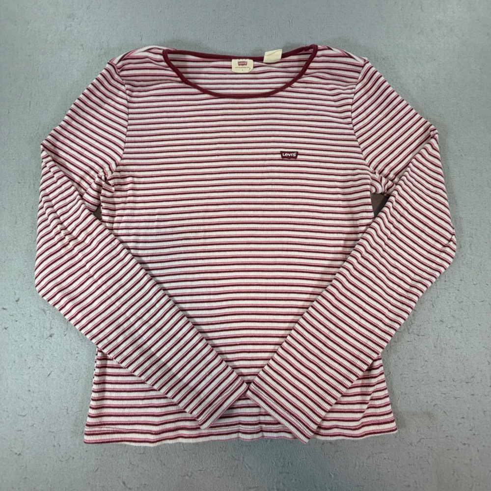 Levi's Ribbed Striped Long Sleeve Top Burgundy White Scoop Neck Women's L